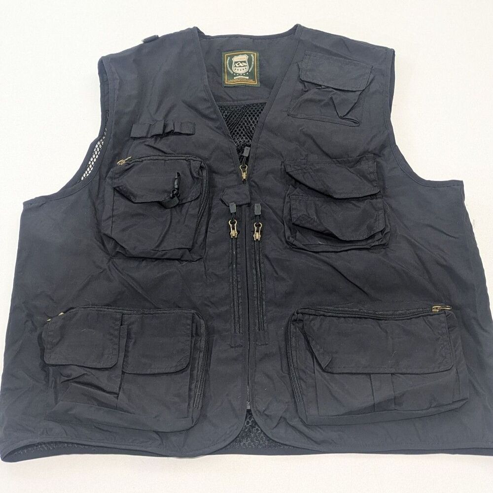 Outdoor Multi-Pocket Utility Fishing Vest Black Zip Front, Large
